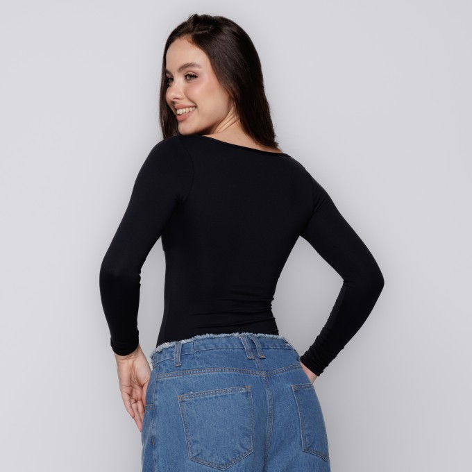 Body Manga Longa Decote Quadrado Preto