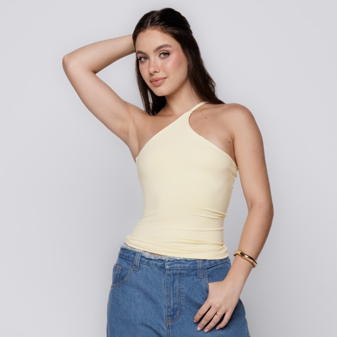 Blusa Um Ombro Só com Alça Fina Amarelo